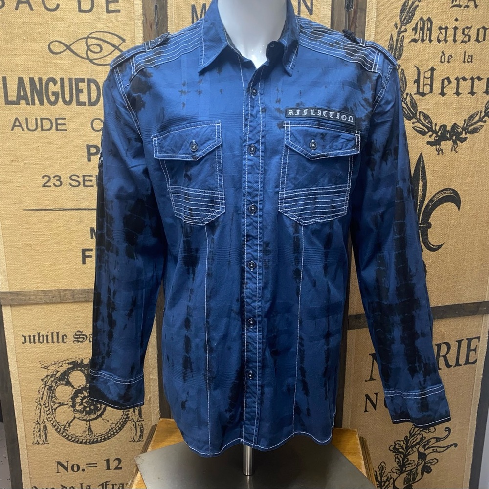 Affliction Men's Blue Button Up Shirt, XL